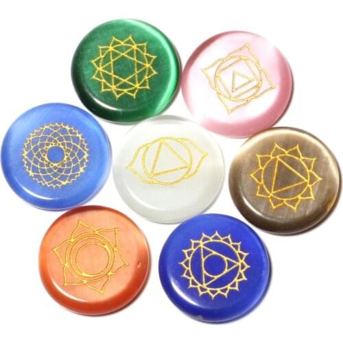 Wholesale 7 Piece Chakra Stones with Engraved Symbols Polished Palm Stone for Reiki Crystal Healing 2.3cm Cats Eye Stone