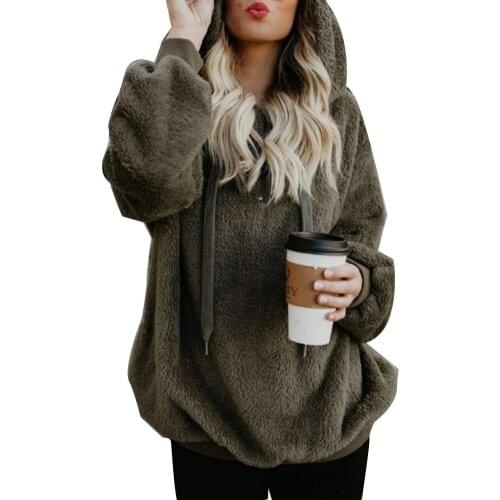 Plus Size Winter Solid Color 1/4 Zip Up Fluffy Hoodies Women Hooded Sweatshirt