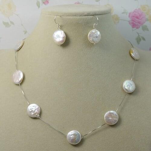 Unique Pearls jewellery Store White Coin Natural Freshwater Pearl Necklace Earrings 925 Sterling Silver Chain Dangle Earring