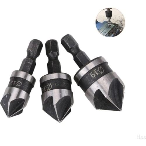 High Quality 3pcs/set 90 Degree 1/4 Hex Drill Rod 5 Flute 12mm 16mm 19mm Wood Debur Counter