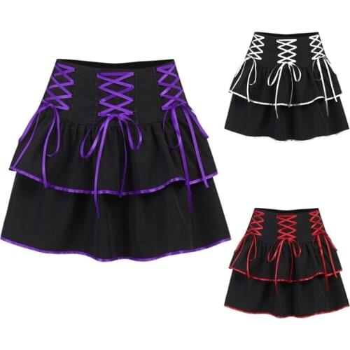 Women Goth Punk High Waist Pleated Flowy A-Line Mini Skirt Harajuku Contrast Color Crisscross Lace-Up Lolita Streetwear