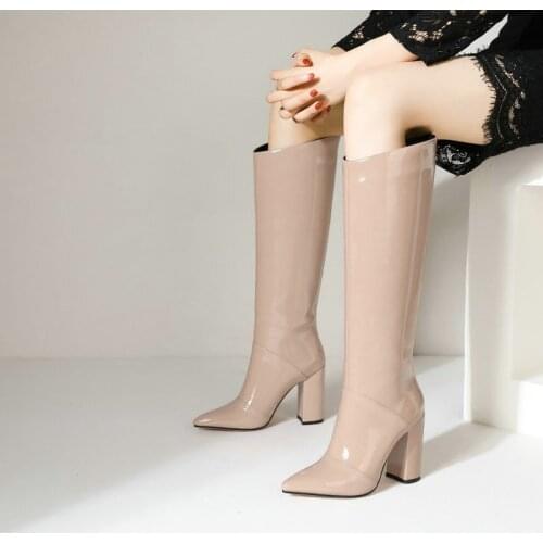 QZYERAI New Faux Leather Women Knee High Boots Square 10cm High Heel Ladies Long Boots Ladies Shoes Women Winter Boots Black