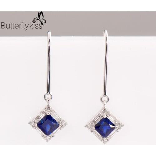 BK 18k White Gold Drop Earrings For Women Square Sapphire Gemstone Diamond Elegant Girls Engagement Wedding Fine Jewelry Gifts