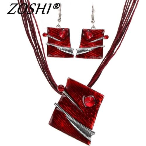 Vintage Jewelry Set Geometry Silver Plated Pendant Necklace Earring For Women Multi Ropes Leather Chocker Collar Jewelry Sets