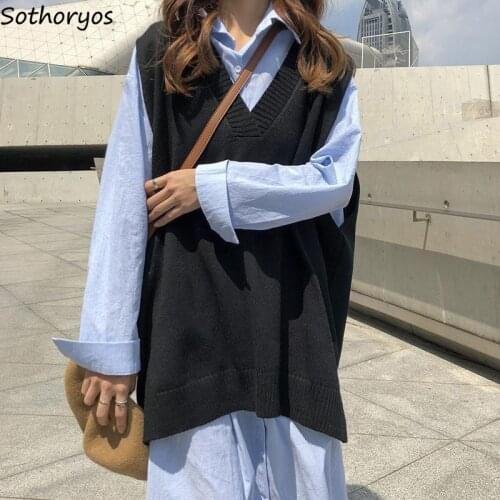 Sweater Vest Women Solid V-neck Loose Plus Size 3XL Simple Classic Elegant Office Ladies Vests Ulzzang Chic Leisure New Knitting