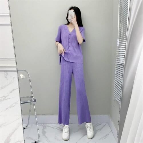 Woman Knitted 2021 Summer New Womens Fashion 2 Two-piece Set short sleve Short Top & wild leg pant