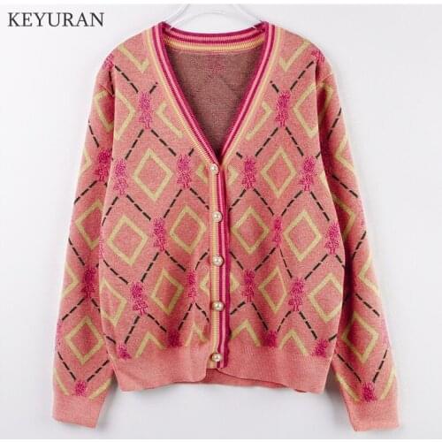 Runway Design Argyle Sweaters Cardigan 2021 Fall Winter Retro Diamond Plaid Long Sleeve V-Neck Loose Knit Sweater Coat Women Top