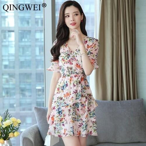 QINGWEI 2019 Summer New Pink Dresses Slim Thin Long High Waist Chiffon Print Floral V neck Short Sleeve Dress Vestido S-XL