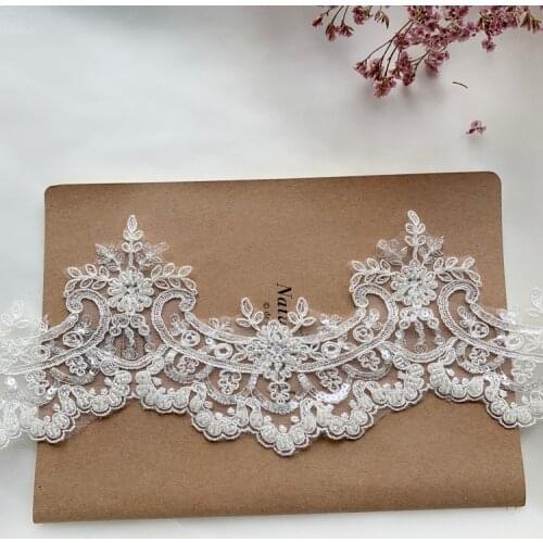 2Yards/lot Beaded Border Lace with Rayon Material DIY Wedding Veil Lace Fabric Ivory White RS2722