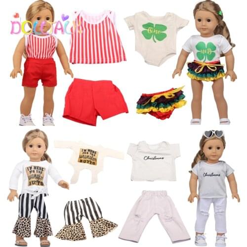 2021 Fashion Shirt+Pants Skirt Shorts Four Leaf Clover Sets Doll Clothes Leopard Pattern For 43cm Reborn Toys Girl&18'' American