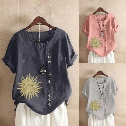 Womens Casual Loose Sun And Moon Print All-match T-shirt Top Streetwear Fashion Women Casual Top Clothing T-shirt Футболка