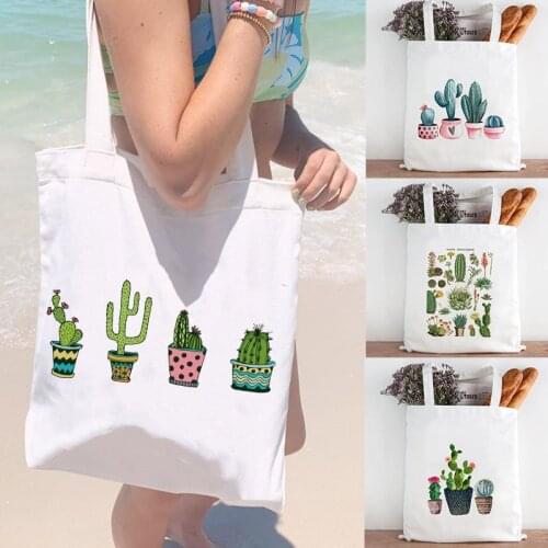 Cacti Succulents Print Women Canvas Shopping Bag Female Shoulder Bags Travel Beach Handbag Reusable Shopper Tote Student BookBag