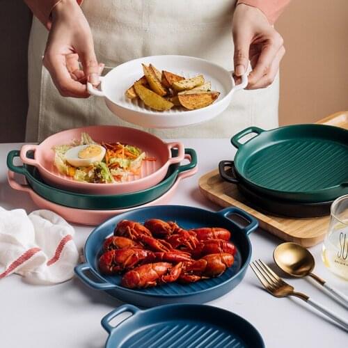 European style creative round ceramic plate binaural baking tray steak plate household simple baking baked rice plate tableware