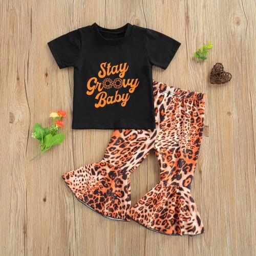 2Pcs Baby Girls Clothes Set Letter Print O-Neck Short Sleeve Black T Shirt Tops+ Leopard Flared Trousers for Summer 0-3 Years