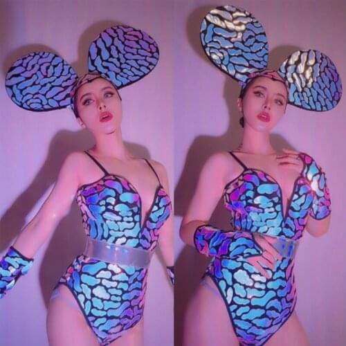 Nightclub Party Cosplay Costume Big Ears Headdress Sexy Mirror Bodysuit Clothes Women Bar Ds Gogo Costume Rave Outfit XS2595