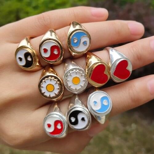 Colorful Rings for Women Small Cute Enamel Daisy Tulip Yin Yang Rings For Girls Stainless Steel Lucky Birthday Jewelry Gifts