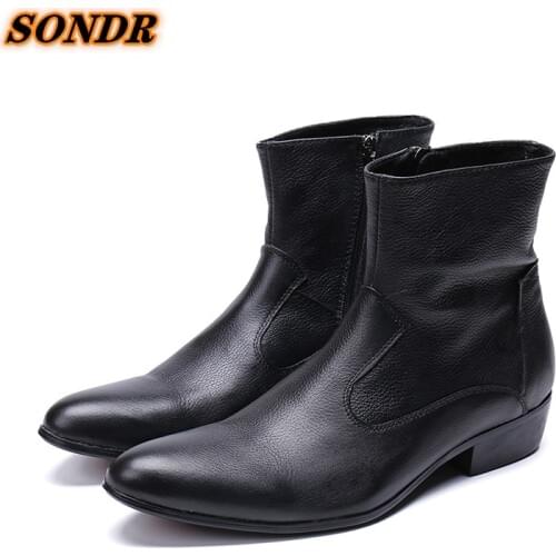 Fashion Winter Men Ankle Boots Pointed Toe Genuine Leather Party Short Boots Increase Height Formal Zipper Boot Hombres Botas