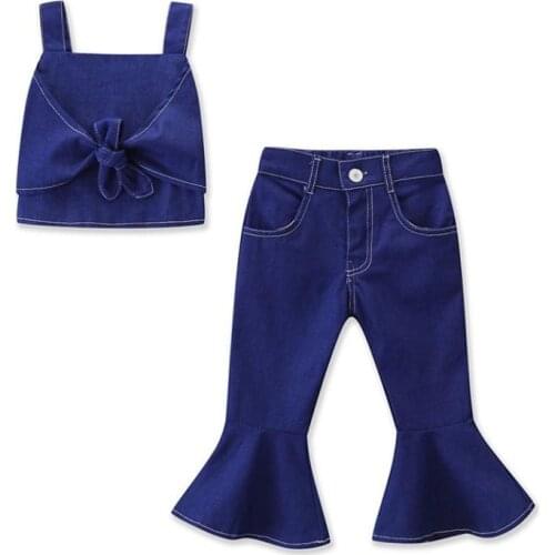 Fashion Girls Sling Two Piece Outfit 2019 Summer New Cotton Denim Blue Bowknot Sling Top+Flare Pant Kids Girls Jeans Suit 1-5Yrs