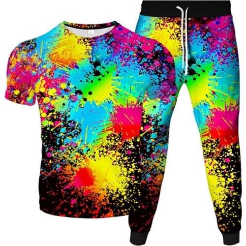 Multicolor Paint Dripping 3D Printed Mens Sportswear Homme Tracksuit T-Shirt+Jogger Pants 2Pcs/Set Clothing Suit Male Plus Size