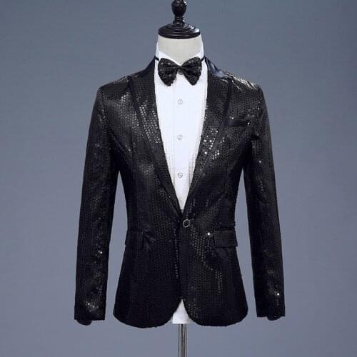 Mens Black Sequin Jacket Men Slim Fit Single Button Suit Blazer with Tie Nightclub Party Prom Stage Singer Costume Blazer Hombre