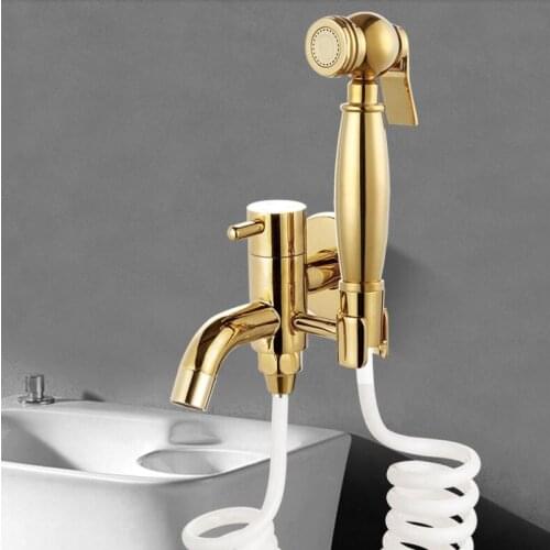 Bidet Faucet Set Gold Wall Mounted Bathroom Bidet faucet High Pressure Bidet Gun Brass Gold With Gold Plumbing Hose