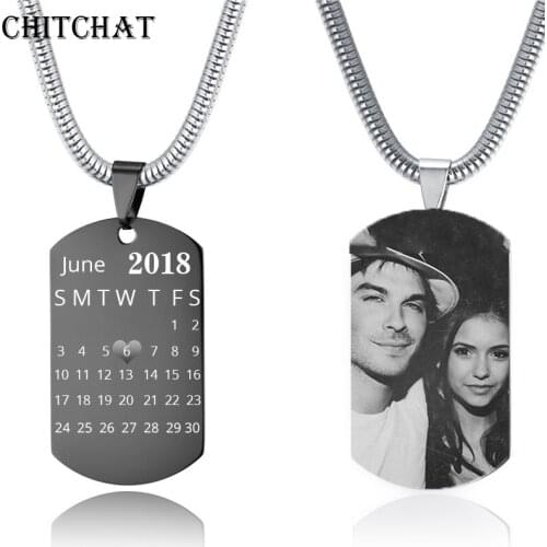 Custom Photo Calendar Necklace For Man Woman Stainless Steel Engravable ID Dog Tag Charm Pendant 60 cm Snake Chain