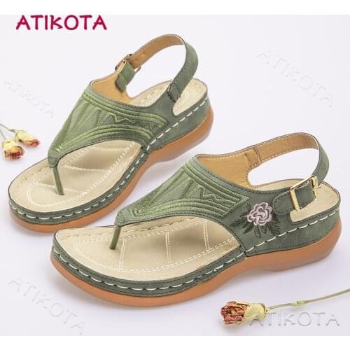 Atikota Women Wedges Flip Flops Fashion Flower Embroidery Hook-Loop Sandals for Female Sandalias De Verano Para Mujer