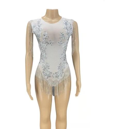 Sexy Stage Silver Rhinestone Fringes Transparent Bodysuit Dancer Chain Outfit Birthday Nightclub Gogo DJ Bar Prom Show Outfit