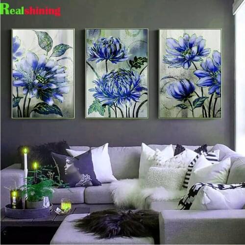 Triptych Diamond Embroidery Blue Peony Pattern Diamond Painting 5d diy Full drill pictures of rhinestones Still Life,N2168