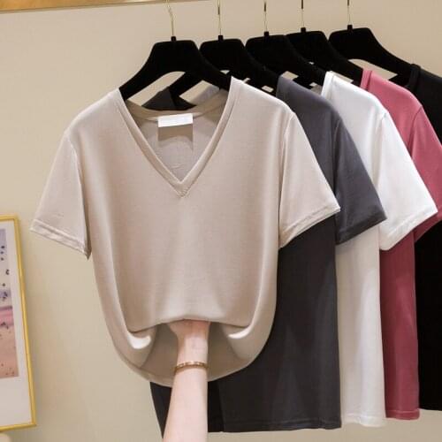 V-neck Short-sleeved T-shirt Womens 2021 New Copper Ammonia Silk Mask Bottoming Shirt With Half-sleeved Pure Ice Silk Top