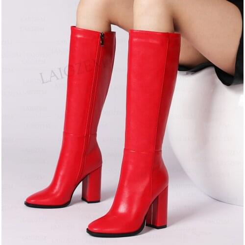 LAIGZEM Women Knee High Platform Boots Round Toe 10.5CM Block Thick Heeled Boots Side Zip Up Ladies Shoes Woman Size 40 42 43