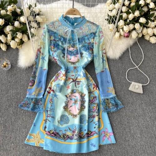 Elegant Fashion Sweet Printed Splicing Flare Sleeve Dress New 2021 Autumn Women Blue Lace Party Dresses