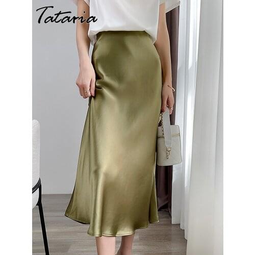 Satin Silk Skirts for Women 2021 Summer Korean Fashion Balck Midi A-line Long Beautiful Gril Skirt Blue High Waist Female Skirts