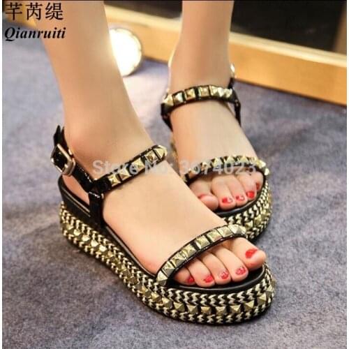 Qianruiti Bohemia Platform Sandals Mujer Wedge Heels Rivets Studded Thick Heel Open Toe Strap Causal Sandles Women Shoes Lady