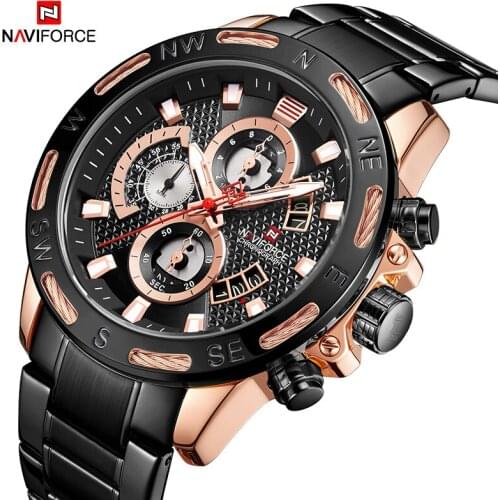 NAVIFORCE Fashion Black Watch Luxury Sport Business Brand Man Wristwatch Military Stainless Steel Chronograph Quartz Male watch