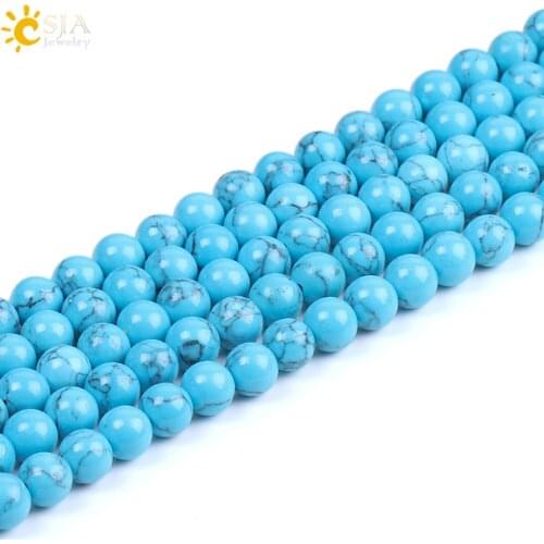 CSJA Blue Turquoises Loose Beads 4 6 8 10mm Smooth Howlite Stone Pick Size for Necklaces Bracelets Fittings Jewelry Making F225