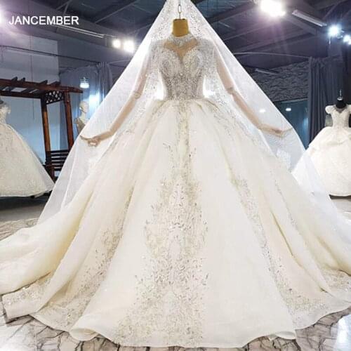 HTL2096 Short Sleeve Sexy V-Neck Ball-Gown Beaded Crystal Luxury Sequined Wedding Dress 2021 Lace Up Back