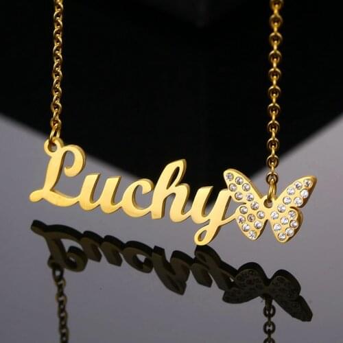 Custom Fashion Stainless Steel Pendant Name Necklace Customized Personalized Gold Diamond Butterfly Necklace Charm Women Jewelry