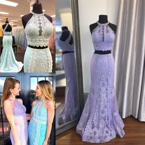 Dainty Lace Prom Dress 2020 Two Piece Unique Mermaid Formal Event Party Wear Gown Statement Back Sleeveless Halter Neck Custom