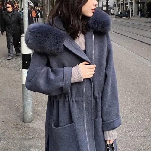 JuneRain Winter Women Solid Fur Collar Long Sleeve Woolen Coats Hooded Zipper Thick Warm Outerwears Ladys Pocket Streetwear Coat