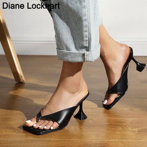 Hot Sell Women Sandal Strappy Heels Sandals Slippers Women High Heels Flip Flops Square Toe Slides Party Shoes Lady Black Slides