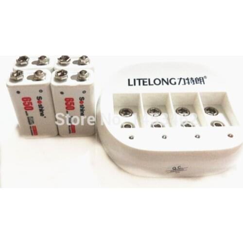 4pcs 9v Rechargeable 650mAh Lithium-ion Battery+1PCS Smart Charger with Adapter