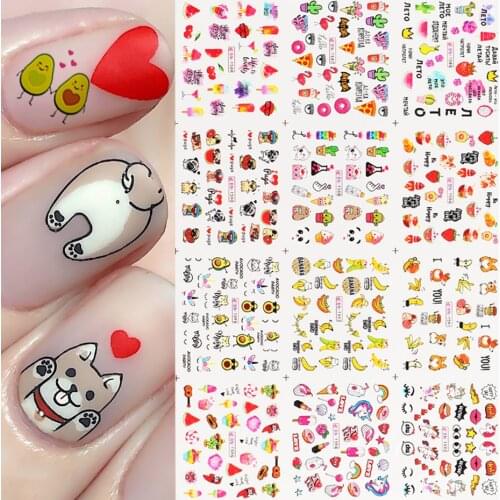 Cartoon Nail Stickers Corgi Dog Unicorn Avocado Fruit Banana Character Nail Design Sliders For Nails Manicrue SABN1585-1596