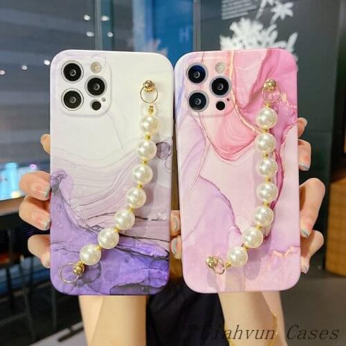 Bling Marble Wrist Pearl Bracelet Chain Soft Phone Case For iPhone 11 Pro Max 12 Pro MiNi XR XS X 7 8 plus SE 2020 Back Cover