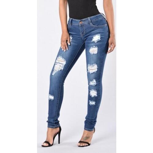 Large size womens new fashion casual clothes solid color broken button long section of jeans distressed jeans womens jeans