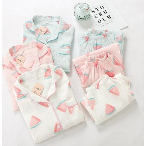 Autumn Women Cotton Crepe Long Sleeve Pajamas Washed Gauze Home Clothing Sweet Thin Turn-down Collar Printing Sleepwear Pijamas