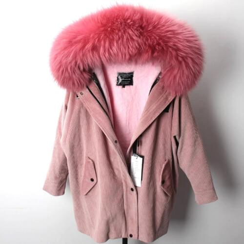New Rex Rabbit Fur Liner Womens Winter Parkas Coat 2018 Corduroy Cotton Warm Large Real Fur Collar Loose Bat-sleeved Jackets