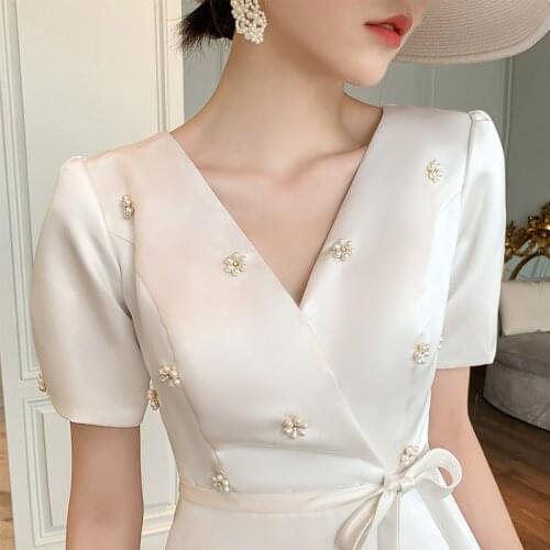 French V Neck Party Dress Women Beading Pearls Flower Short Sleeve White Elegant Prom Dresses Bridesmaid Vestidos
