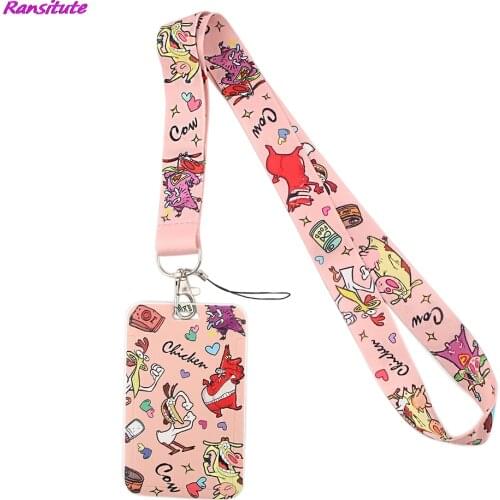 Ransitute R1374 Pink Chicken And Cow Cartoon Card Holder ID Holder Bus Card Holder Staff Card With Lanyard