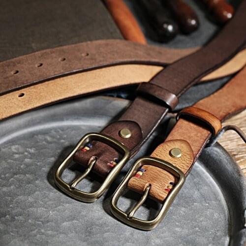 Belt mens leather pure first layer cowhide copper buckle American retro wild hand-made old pin buckle tide jeans Belt Casual